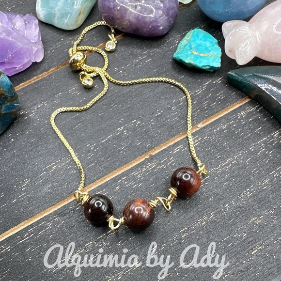 Red Tiger’s eye wealth and power adjustable gold rope bracelet/healing crystal - Picture 1 of 6